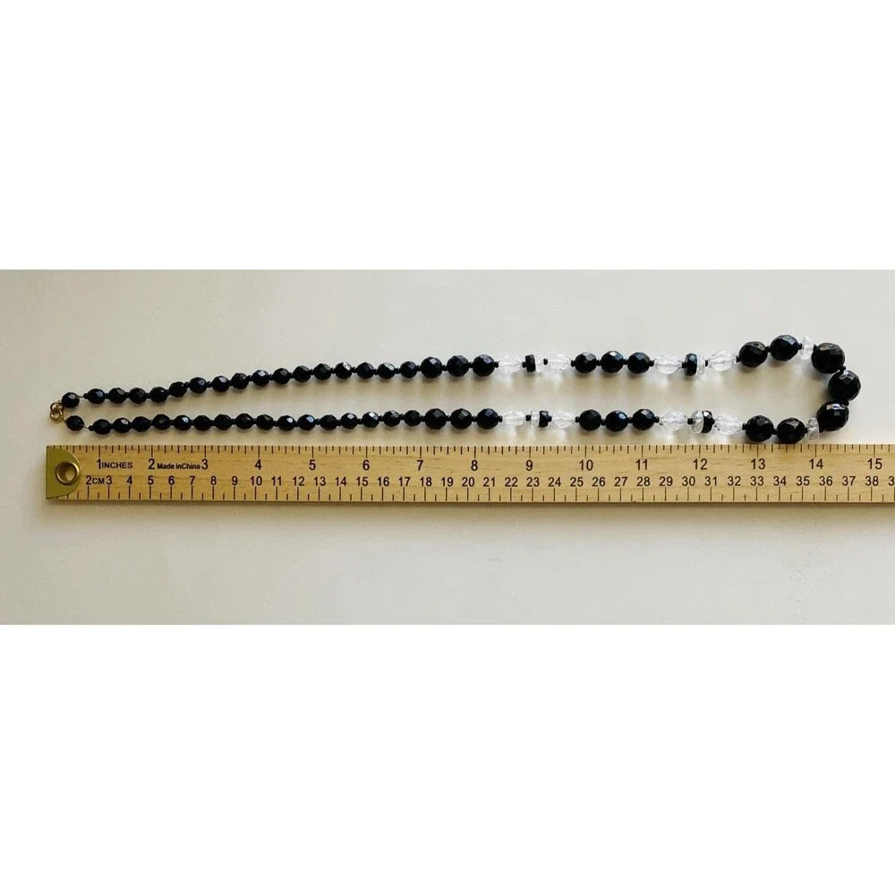 VTG  Estate French Jet & Cut Glass Bead Necklace 30 Inch Black & Clear Faceted